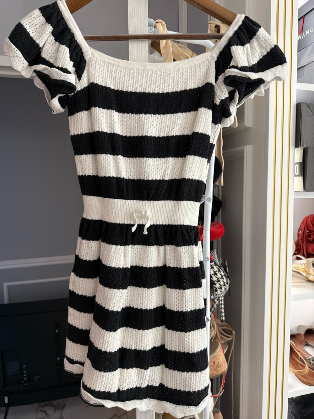 Janie and Jack Girls Black & White Striped Knit Dress with Puff Sleeves